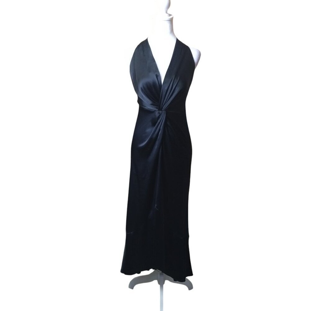 Jill Stuart Size 0 Black Satin Halter Dress Gown Formal Front Slit Prom Sexy LBD